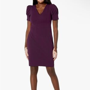 DKNY Deep Purple V-Neck Puff Sleeve Mini Dress